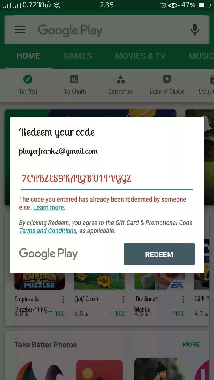 Code already redeemed. Code already redeemed
