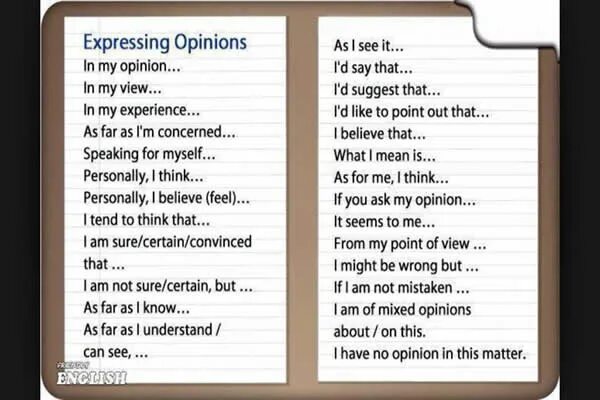 This is my opinion. Expressing opinion. Express opinion in English. Expressing personal opinion. Express opinion phrases.