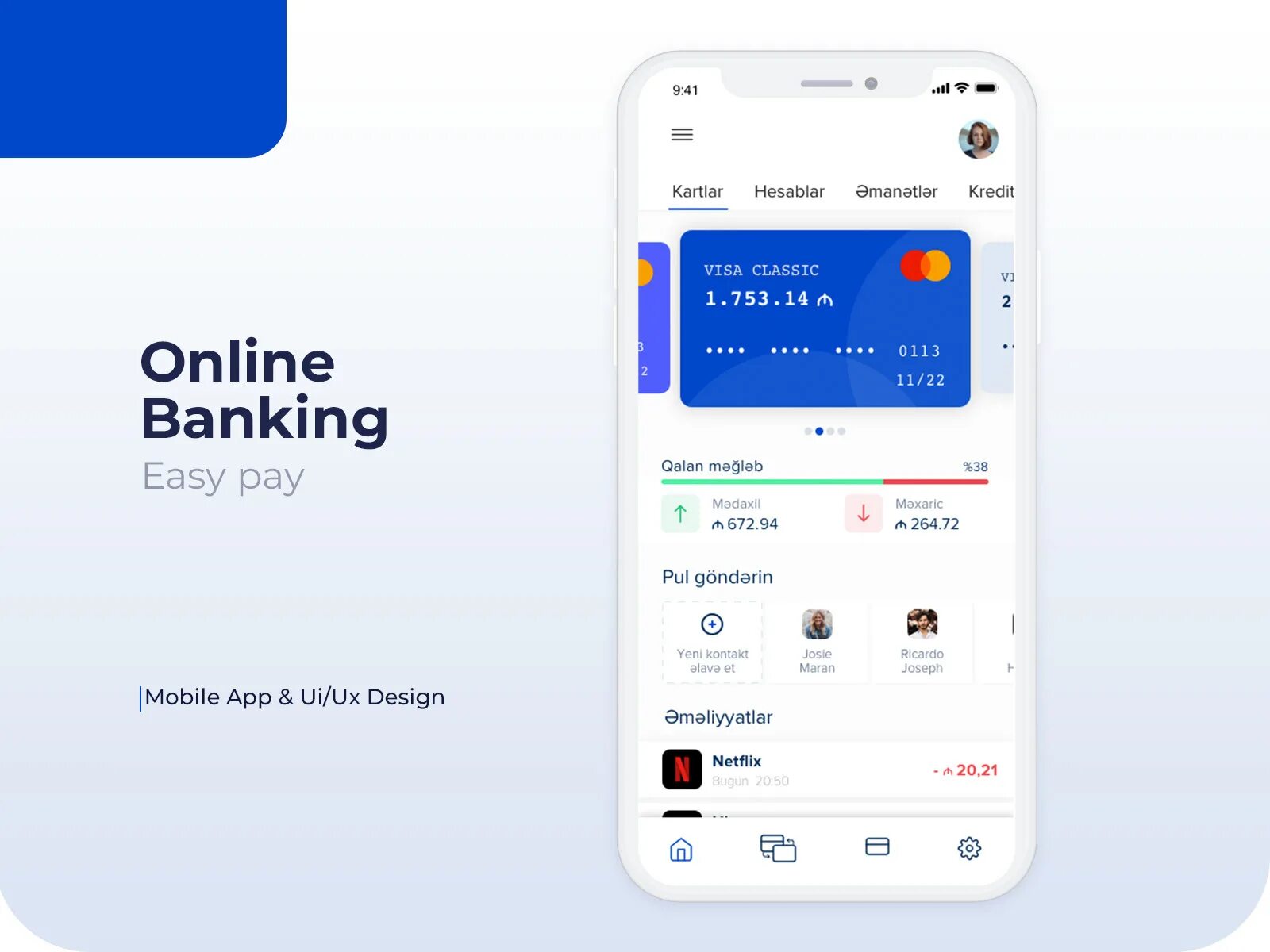 Banking app UI. Samsung pay app UI. Easy mobile