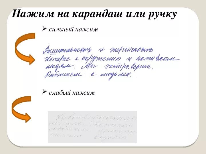 Сильный нажим почерка. Пример почерка с сильным нажимом. Сильный и слабый нажим почерка.