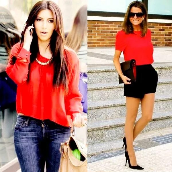 Красная блузка сочетается. Черная блузка с красными шортами. красная кофта сочетание. образы с красной блузкой на праздник. образы с красной рубашкой женские.