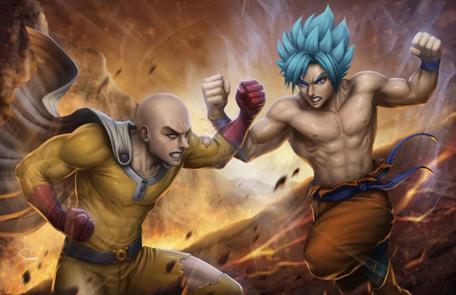 Гоку или сайтама. Сайтама против Гоку. Goku vs Сайтама. Гоку против Сайтамы арт. Драгон бол сильнейший персонаж.