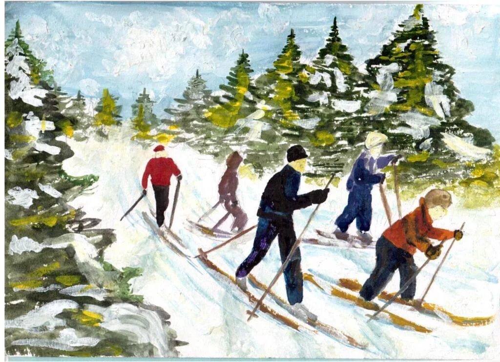Картина лыжники. Лыжники живопись. Зимние забавы лыжи. Дети катаются на лыжах. Пейзаж с лыжниками.