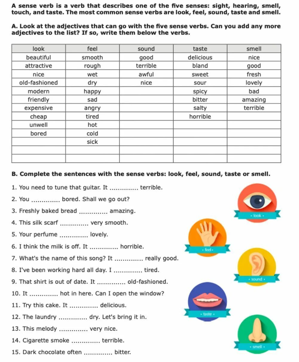 See на английском. Примеры употребления look. Stative verbs в английском языке worksheets. Sound taste smell look worksheet. 5 senses activity.