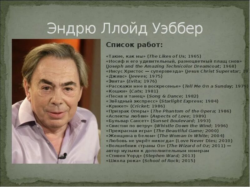 Популярные авторы мюзиклов россии 8 класс презентация. Композитор Эндрю Ллойд Уэббер. Эндрю Ллойд Уэббер мюзиклы Эндрю Ллойда Уэббера. Эндрю Ллойд Уэббер 1971. Эндрю Ллойд Уэббер сообщение.