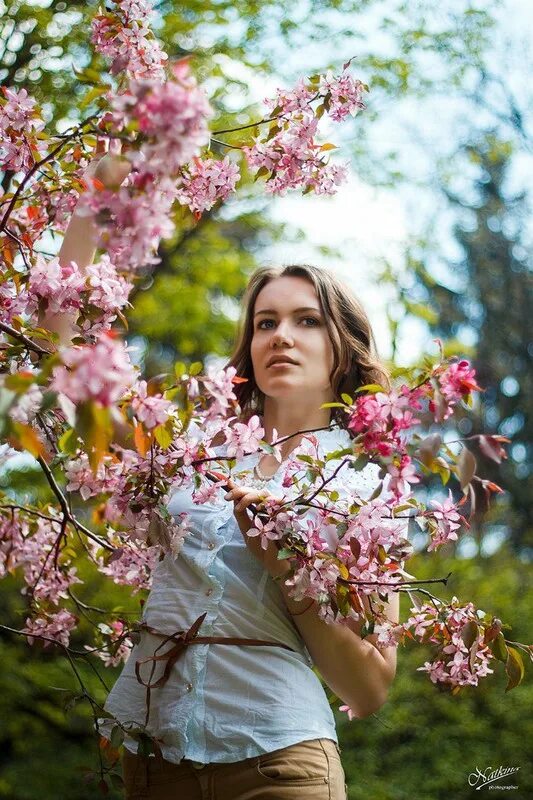 Девушка в цветущем саду. Девушка в цветущих яблонях. Фото в цветущих деревьях. Фото в цветущих деревьях. Фотосессия на фоне цветущих деревьев.