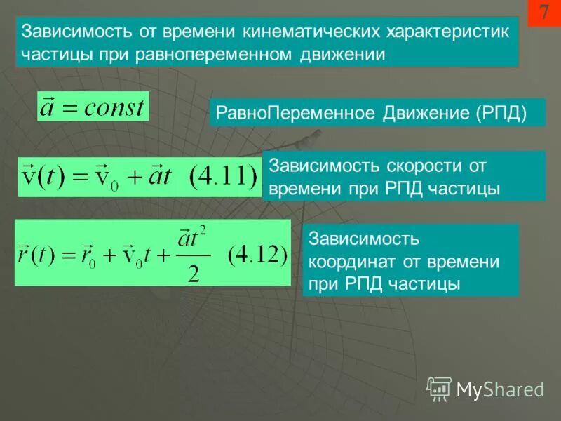 Зависимость скорости от координаты. Равнопеременное движение частицы. Уравнение зависимости скорости от времени. Скорость при равнопеременном движении.