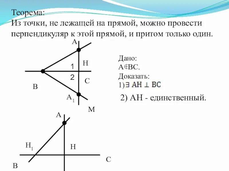 Точка пересечения перпендикуляра к прямой. Перпендикуляр из точки не лежащей на прямой. Провести перпендикуляр к прямой. Теорема о перпендикуляре к прямой. Перпендикуляр из точки к прямой.