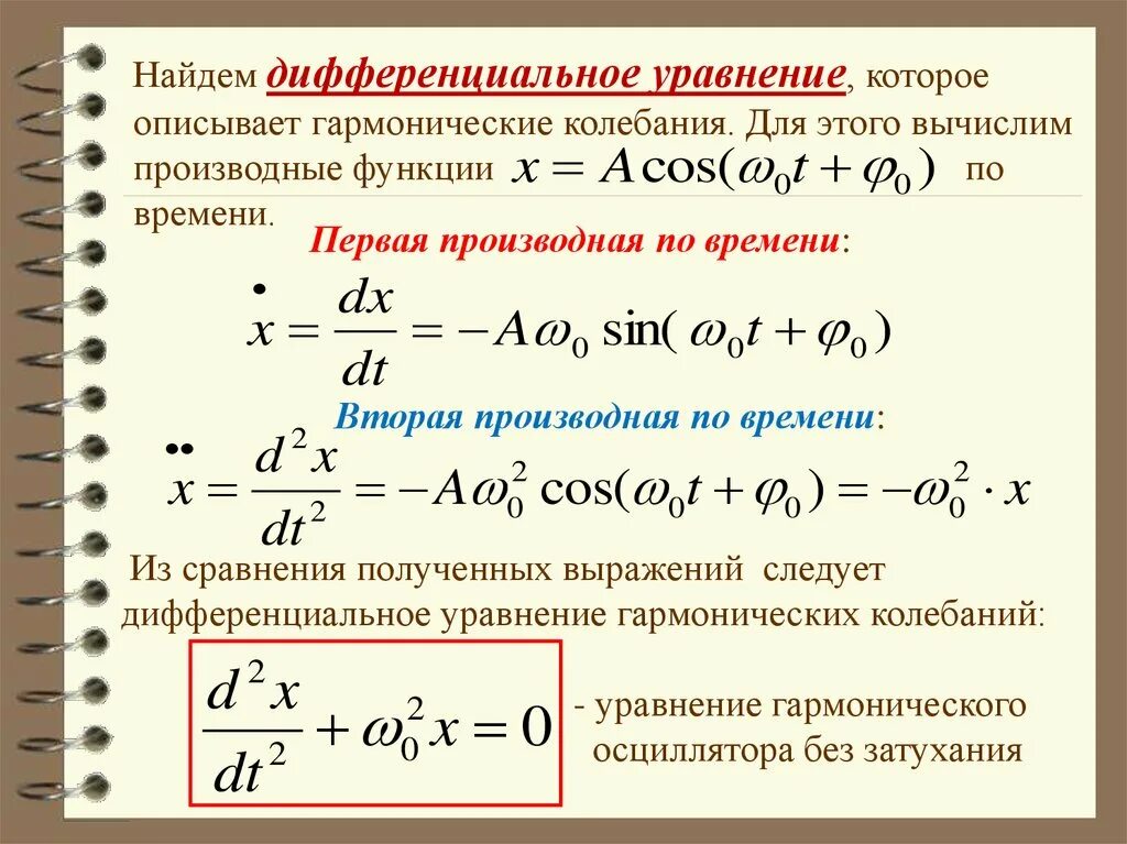 Уравнение свободных гармонических колебаний формула. Дифференциальное уравнение гармонических колебаний формула. Амплитуда колебаний из дифференциального уравнения. Период гармонических колебаний формула.