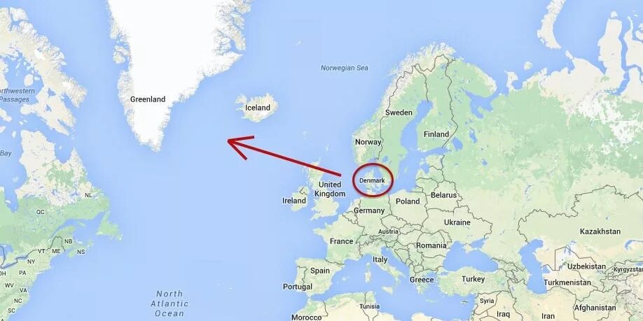 Стране принадлежит самый большой в мире остров. Остров Гренландия на карте.