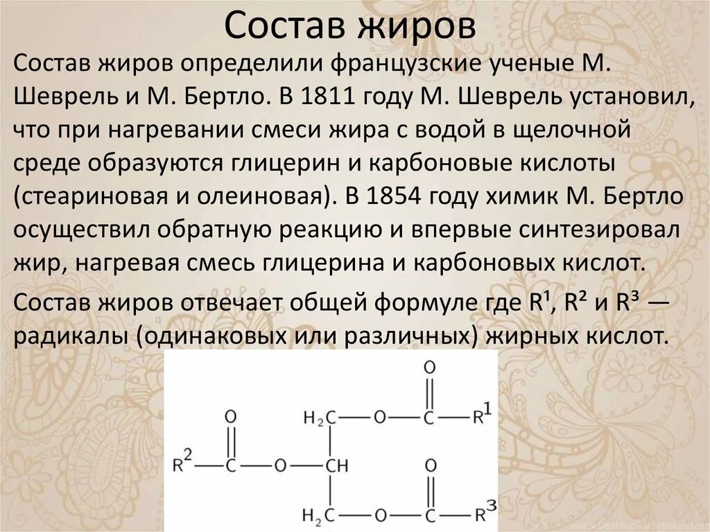 Какой остаток входит в состав жира. Состав жиров. Химический состав жира. Состав и строение жиров в химии. Строение твердых жиров.