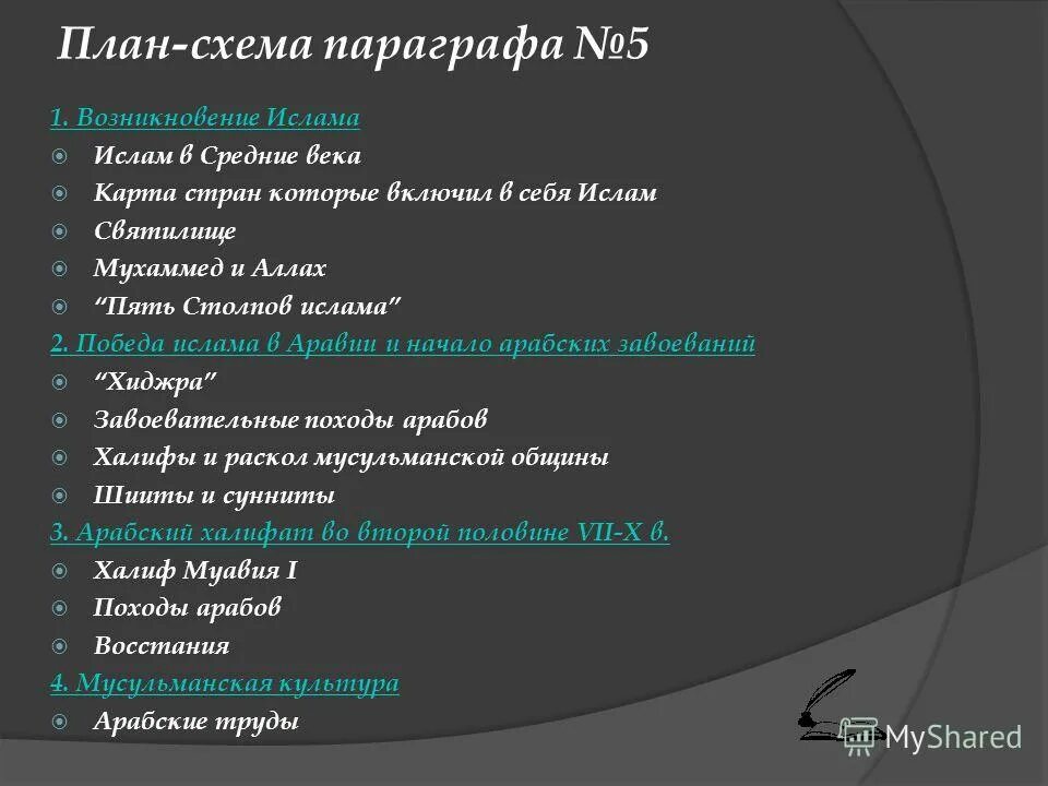 План 5 параграфа. План параграфа по истории. план схема параграфа. возникновение ислама план. развернутый план параграфа.