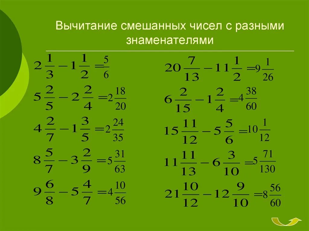 Пример решения смешанных дробей. Вычитание дробей и смешанных чисел с разными знаменателями. Вычитание дробей с разными знаменателями смешанные числа. Разность смешанных чисел с разными знаменателями. Вычитание дробей с разными знаменателями смешанные числа примеры.