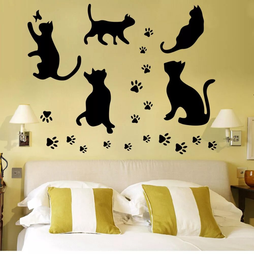 Наклейки на стену. Аппликация на стену. Декоративные наклейки на стену. Кошки для декора стен. Купить кошку на стене