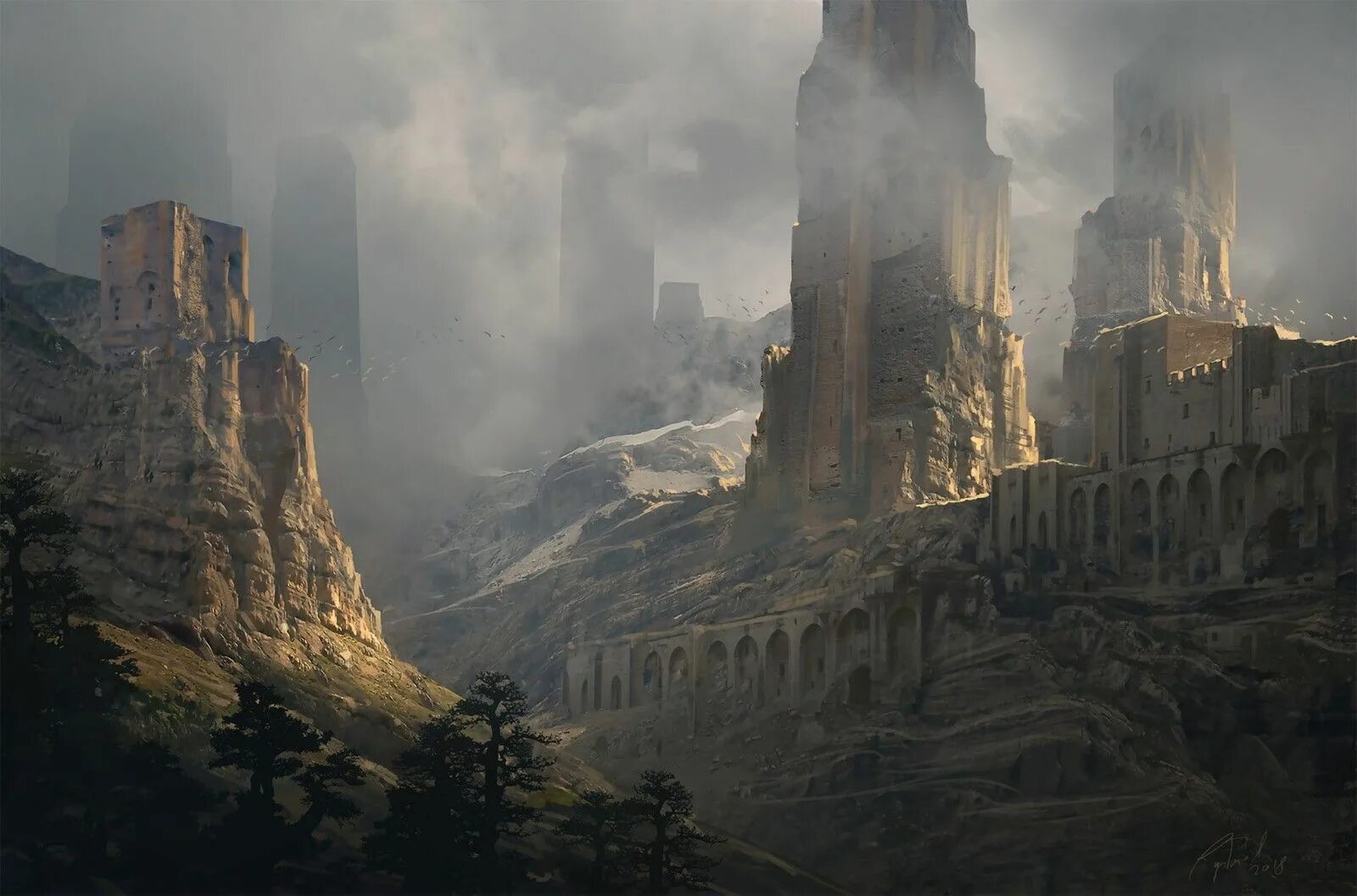 Руины ruins. Мэтт пейнтинг. Raphael Lacoste Art. Фэнтези пейзажи.