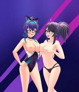 projektmelody, 2girls, bikini, blush, female only, glasses, hand on partner...