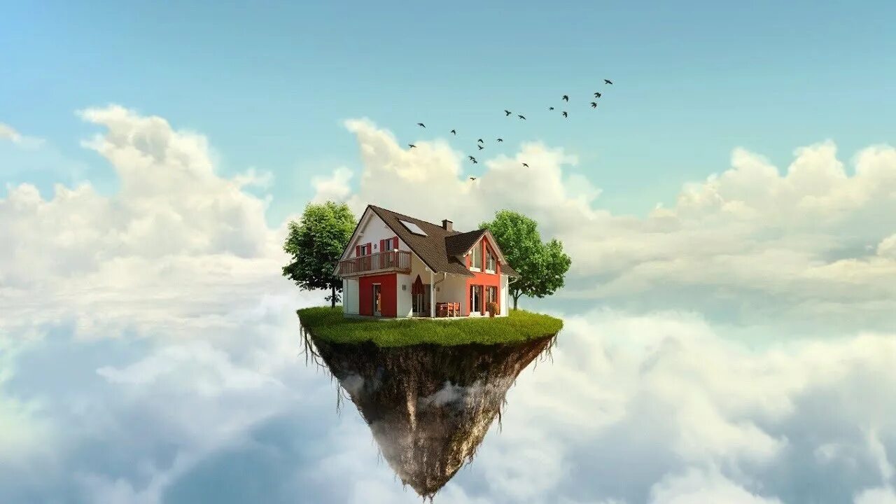 Белые облака и дом. Летающий дом. Дом в небе. Дом на летающем острове. Летающий домик.