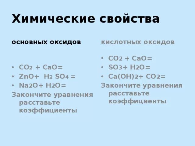 Химические свойства so3 с основными оксидами. Химические свойства so2+основный оксид. Химические свойства основных оксидов cao+h2o. Co2 кислотный оксид.