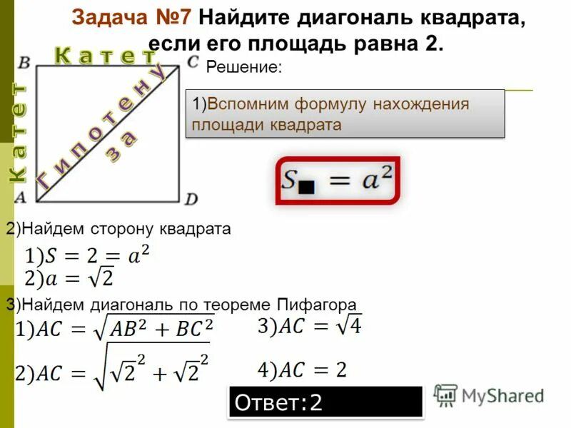 Найдите площадь квадрата, если его диагональ равна.