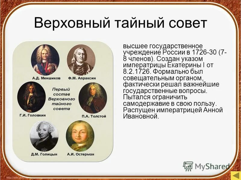 Правление петра 2 верховный тайный совет. Состав Верховного Тайного совета 1730. Верховный тайный совет 1726. Тайный совет Екатерины 1 состав.