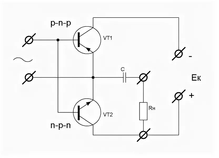 Двухтактный усилитель мощности на транзисторах. Двухтактный бестрансформаторный Каскад. Двухтактный Каскад на комплементарных транзисторах. Двухтактный Каскад на биполярных транзисторах.