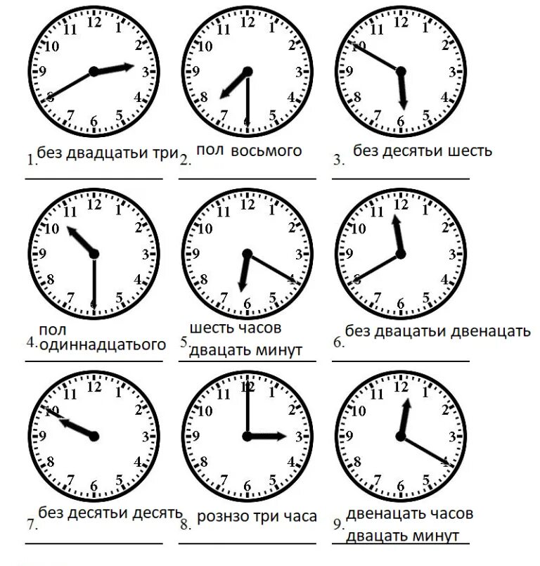 11 12 час 2 3. Без десяти пять.