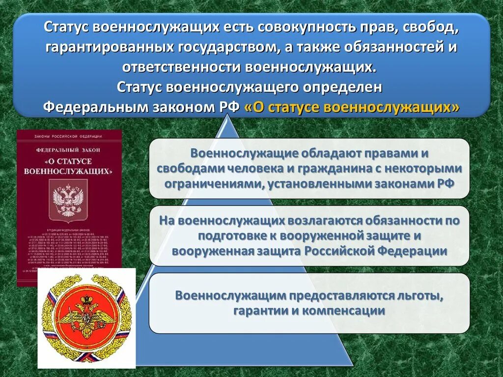 Статья 19 фз о статусе военнослужащих. О статусе военнослужащих. Понятие правового статуса военнослужащих. Статус военнослужащего есть совокупность прав свобод. Понятие статуса военнослужащего.