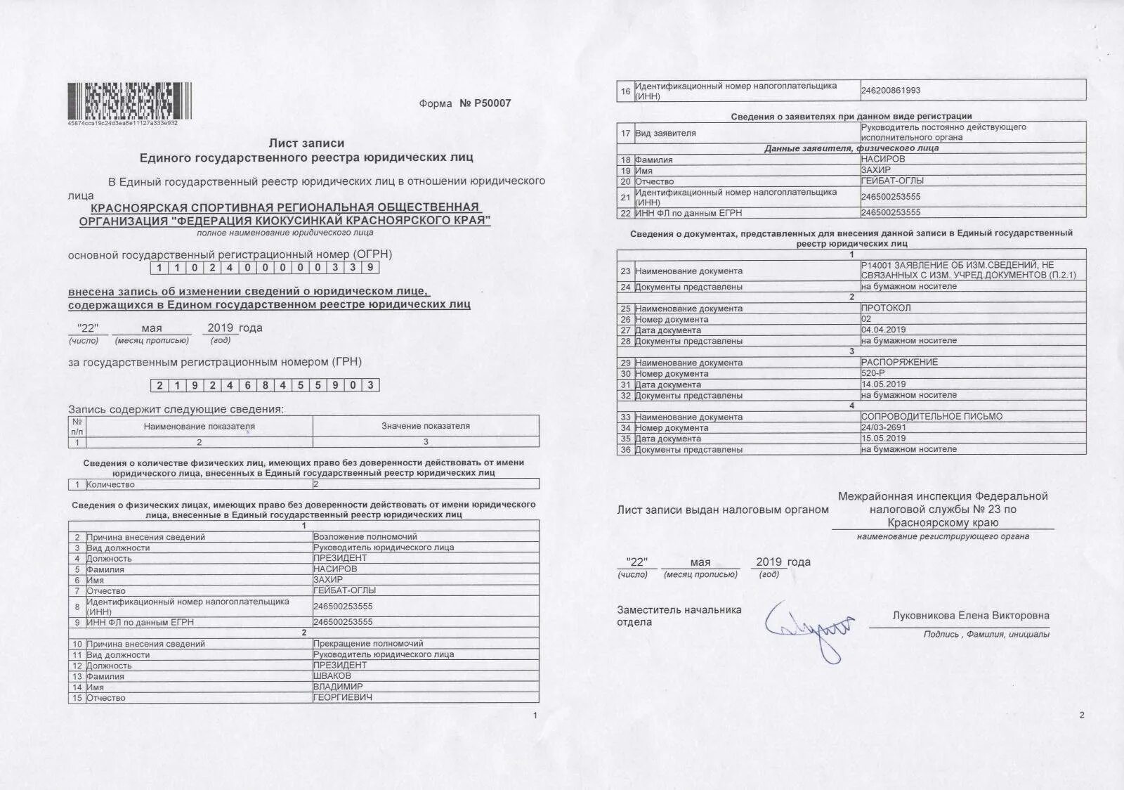 Налоговая сведения об изменениях. Лист записи ЕГРЮЛ (форма № 50007). Лист записи о смене руководителя. Лист записи о смене генерального директора. Лист записи о создании юридического лица.