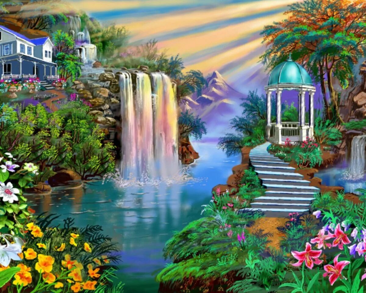 Красивая открытка рай. Сказочный пейзаж. Райский пейзаж. Водопад в райском саду. Райский сад на земле.