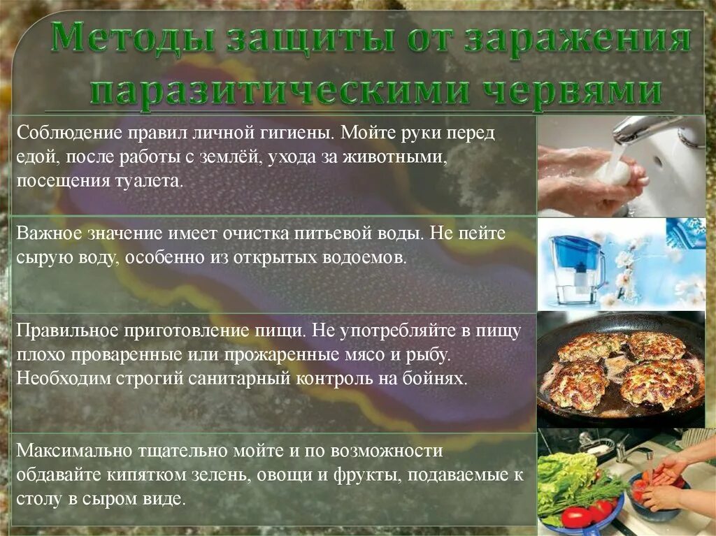 Не есть сырое мясо плохо проваренное. Методы защиты от заражения паразитическими червями. Употребляя в пищу плохо проваренное. Знание (соблюдение) правил гигиены при приготовлении пищи. Паразиты в плохо прожаренном мясе.