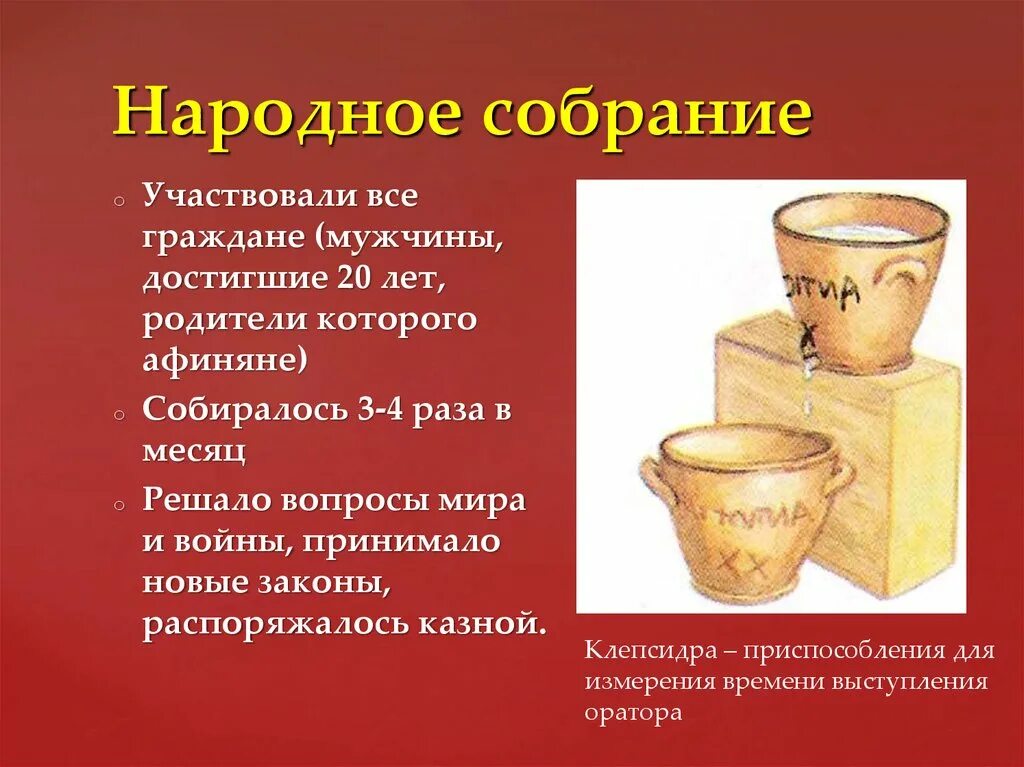 Как часто собиралось народное собрание при перикле. Кто участвовал в народном собрании в Афинах. Афинская демократия клепсидры. Народное собрание афинян.. Народное собрание в Афинах презентация.