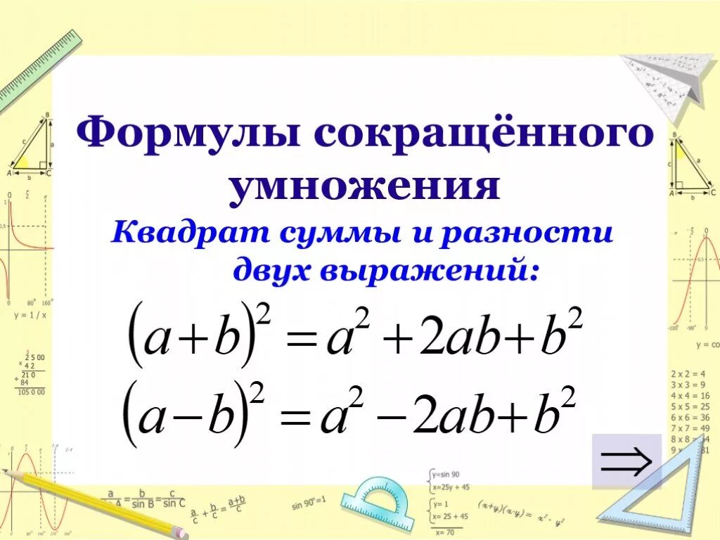 X 3y 2 разность в квадрате. Формулы квадрата суммы и квадрата разности. Формула квадрата разности и суммы. Квадрат разности разность квадратов квадрат суммы формулы. Формулы сокращенного умножения квадрат суммы и квадрат разности.