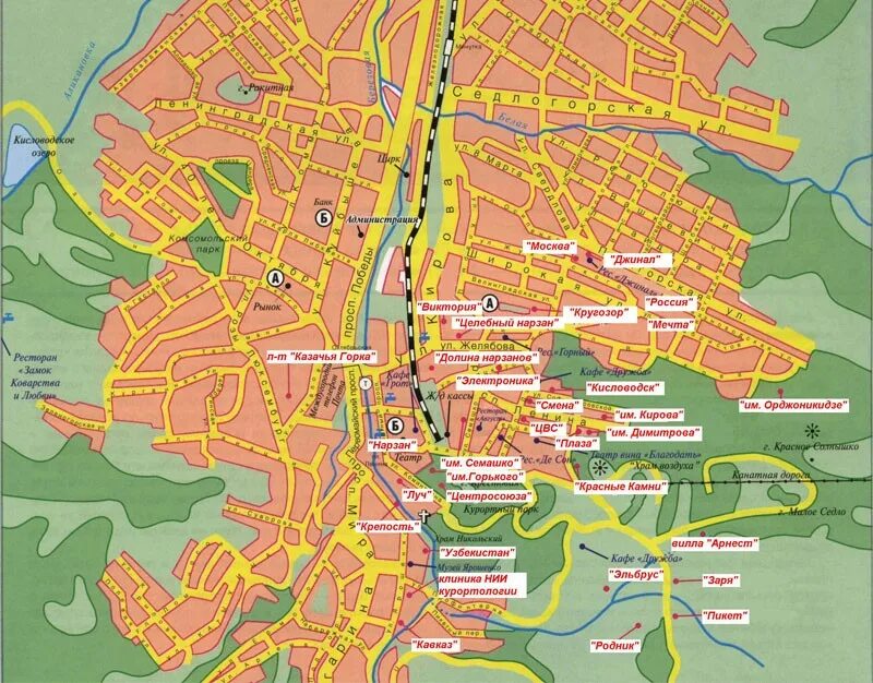 Карта дорог кисловодска. Карта города Кисловодска с улицами и санаториями. Карта центра Кисловодска с улицами. Санатории Кисловодска на карте города. Санатории г. Кисловодск на карте.