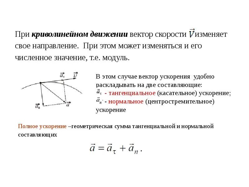 Движение с изменяющейся скоростью. Направление вектора скорости при криволинейном движении. Направление ускорения при криволинейном движении. Нормальное тангенциальное и полное ускорение криволинейное движение. Модуль вектора ускорения.