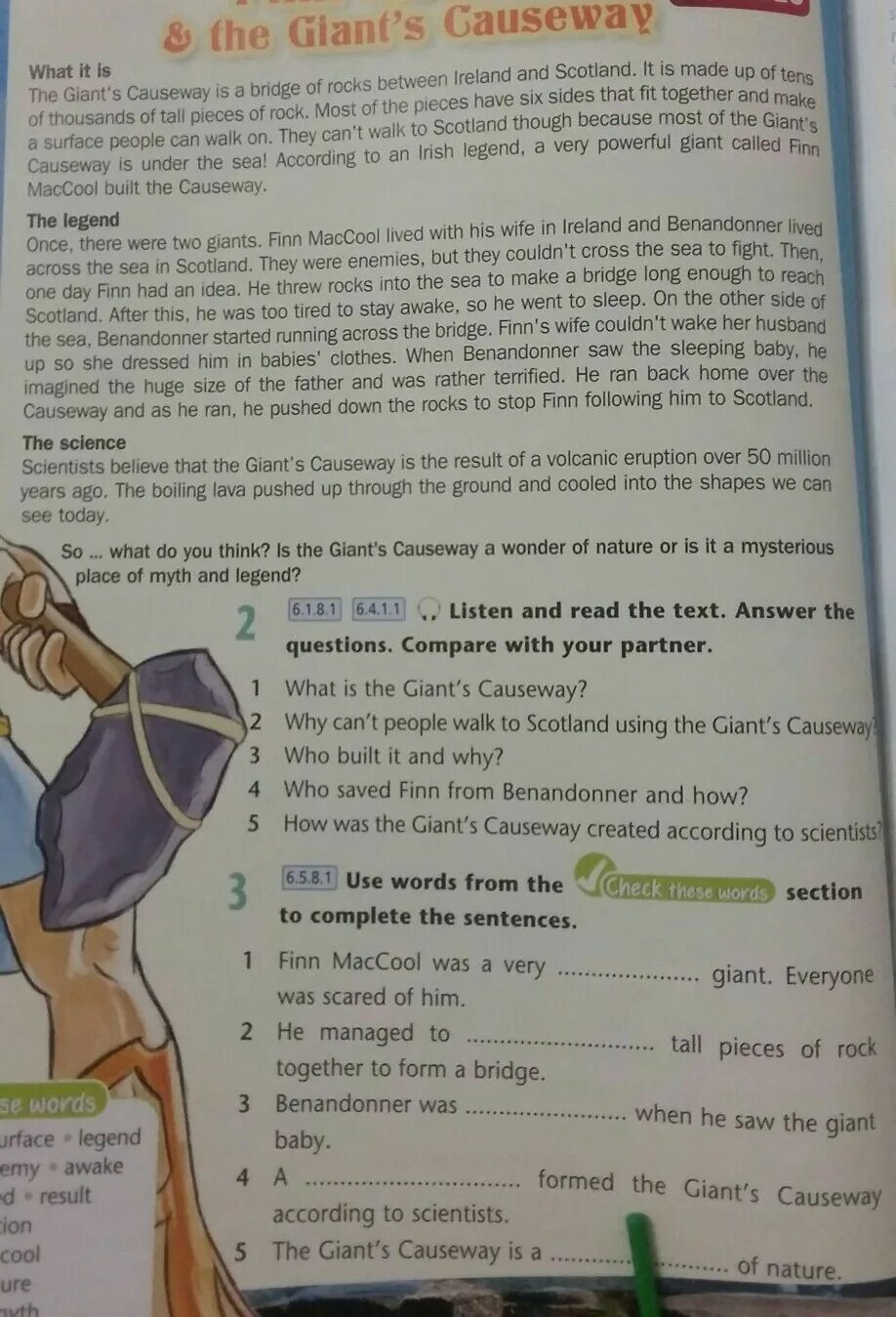 Check these Words перевод. Use the Words to tell the class a short Summary of the text ответ. Read the text the giant's. Finn Mac cool and the giant’s Causeway. Use words from the check these words