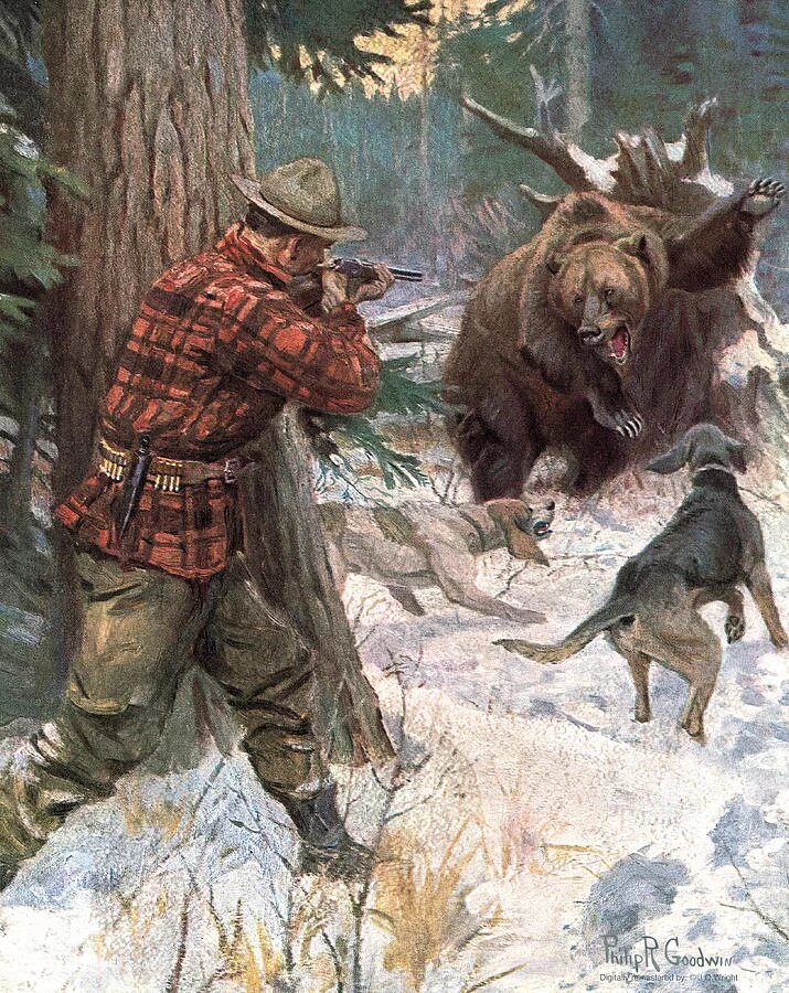 Охотник полетел. Охотник Джон Паттерсон картины. Охота на медведя с рогатиной Горбатов.