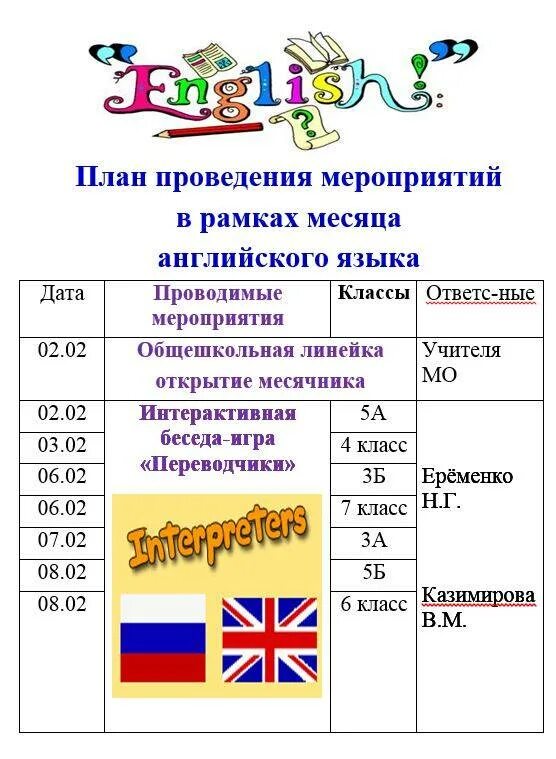 Разработки мероприятий английскому