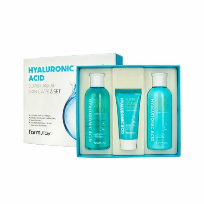 Гиалуроновая кислота средства. Farm stay Hyaluronic acid super Aqua Skin Care 3 Set. Farmstay Hyaluronic acid super Aqua Skin Care 3set набор гиалуроновая кислота. Набор для лица Hyaluronic acid super Aqua Skin Care 3 Set (Farmstay). Farmstay Гиалурон набор 3set.