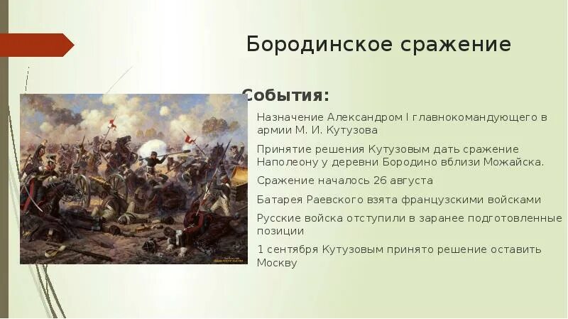 Последовательность событий изображающих бородинское сражение