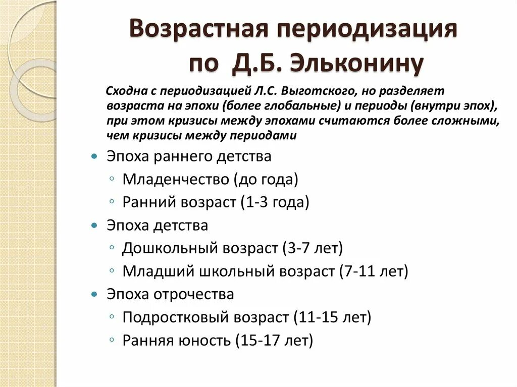 Периодизация детства Эльконина. Возрастная периодизация д.б. Эльконина. Периодизация детского развития Эльконина.