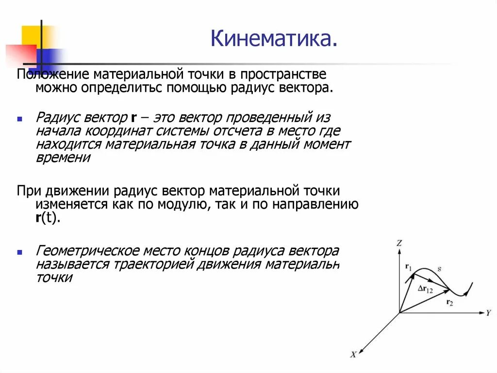 Материальная точка название группы понятий. Кинематика материальной точки система координат. Кинематика это в физике кратко. Материальная точка и ее положение в пространстве. Радиус вектор физика кинематика.