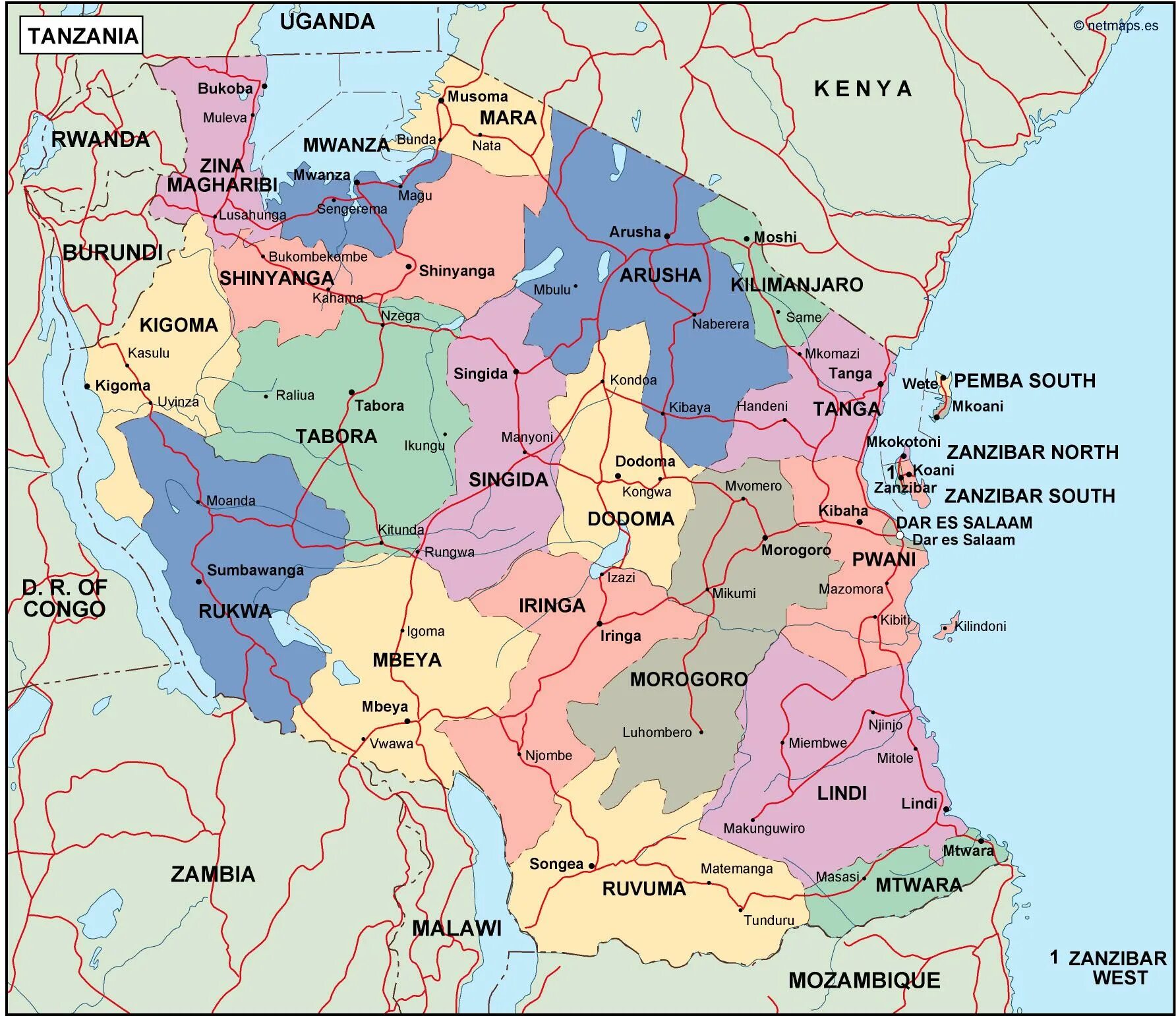Особенности страны танзания. Танзания политическая карта. Географическая карта Танзании. Города Танзании на карте. Объединенная Республика Танзания на карте.