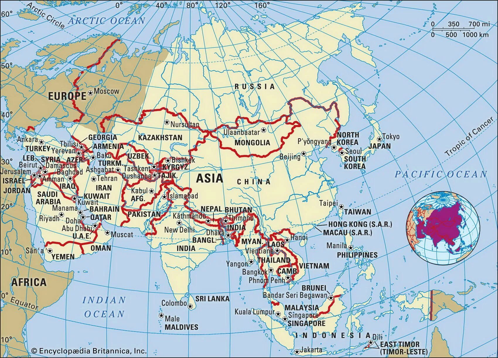 Карта Азии с границами. Европа и Азия на карте. Asia на русском