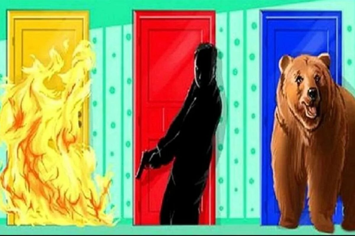 Как определить что за дверью пожар. Пожар за дверью. огонь за дверью выбор. тест двери. три двери выбор.