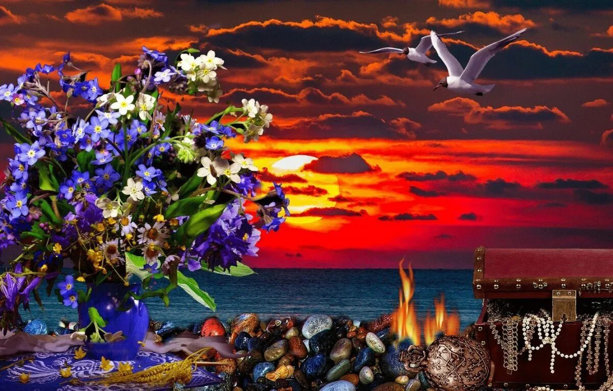 Вечер море цветы. Вечерние море цветов. Добрый вечер на фоне моря. Море цветов в ночи.