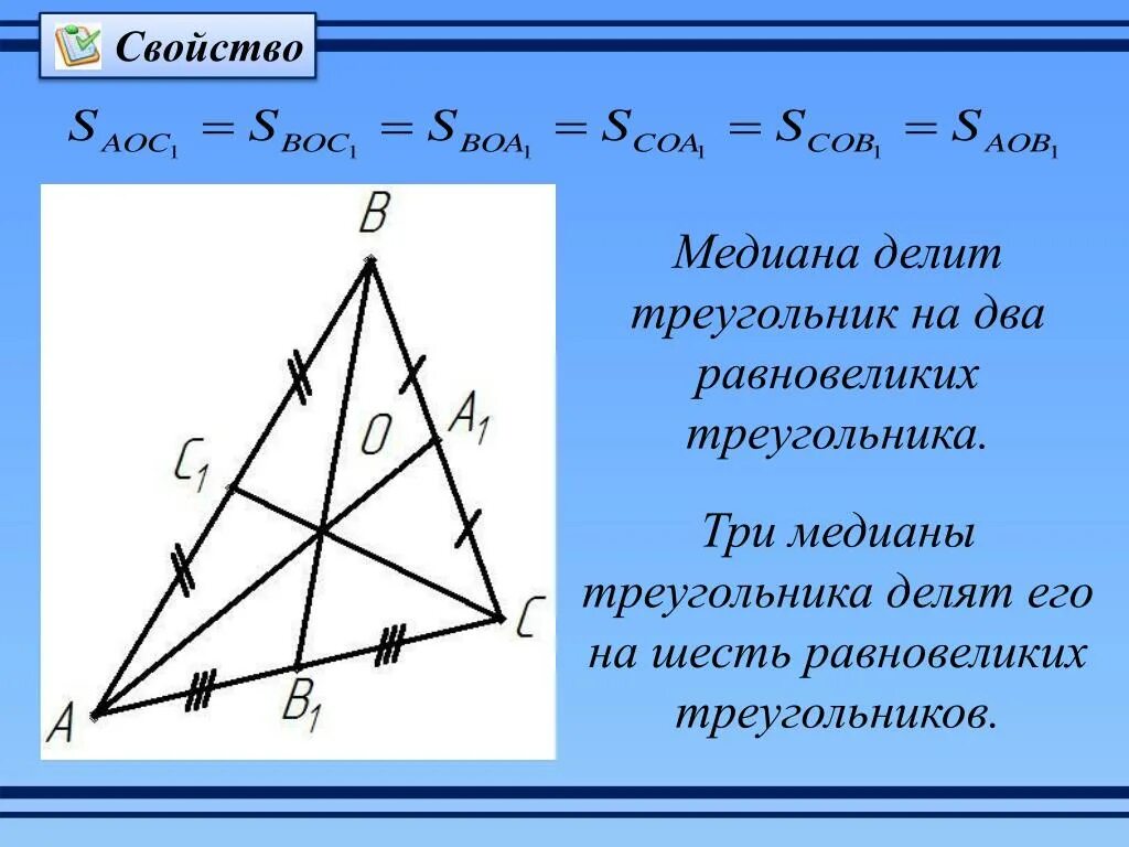 3 свойство медиан треугольника. Медиана делит треугольник на два равновеликих. Медиана треугольника делит его. Медиана делит треугольник на 6 равновеликих треугольника. Медианы делят треугольник на 3 равновеликих.
