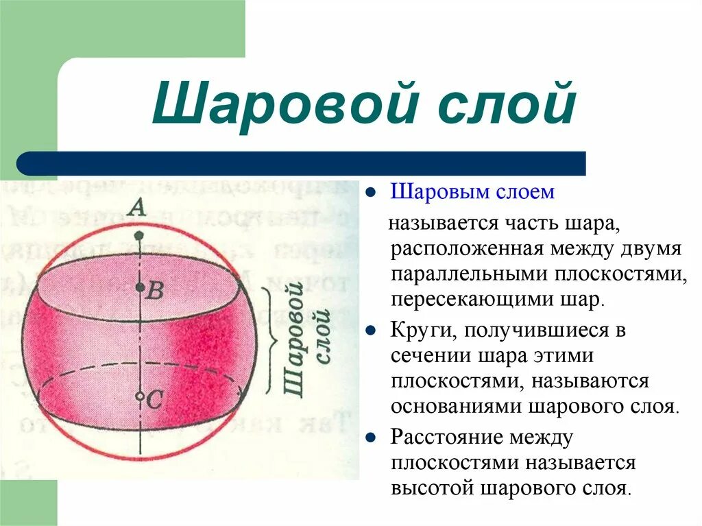 Тело округлое в сечении. Объем шара шарового сегмента сектора шарового слоя 11 класс. Формула объема части шара. Части шара шаровой сегмент шаровой слой шаровой сектор. Объем слоя шара формула.