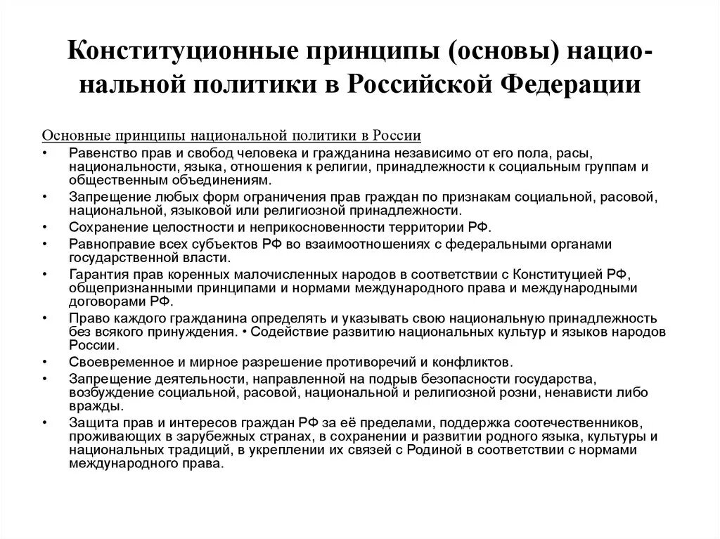 К принципам федерации в рф относятся. Принципы национальной политики в Конституции РФ. Конституционные принципы национальной политики в РФ таблица. Конституционные принципы национальной политики. Основные конституционные принципы национальной политики РФ.