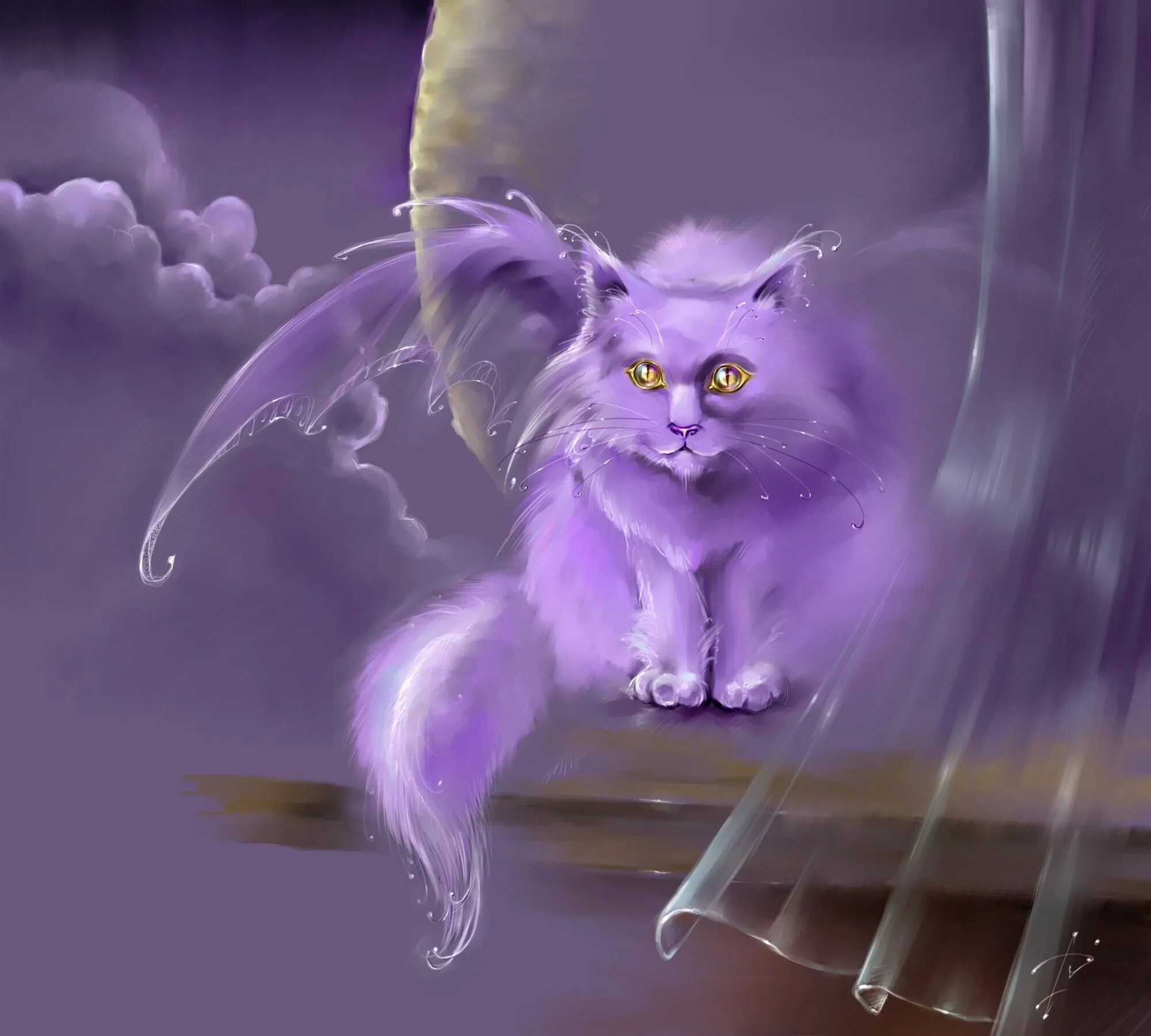Фиолетовый кот. Волшебные кошки. Фэнтези кошки. Волшебные кошки с крыльями. Сказочные кошечки