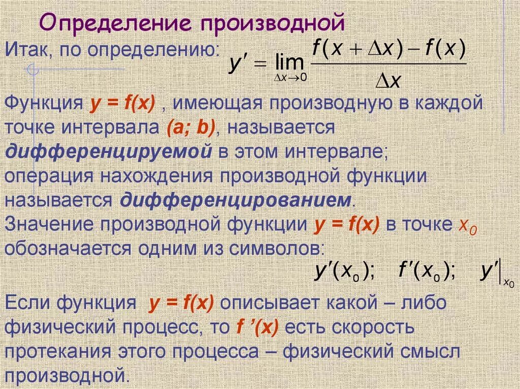 Определение производной через предел. 1. Понятие производной функции. 1. Что называется производной функции?. Производная функции. Определение производной функции.